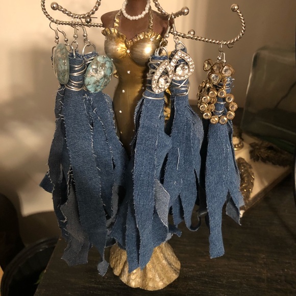 Denim Blue Jean Earrings with Bling Embellishments - Picture 2 of 8